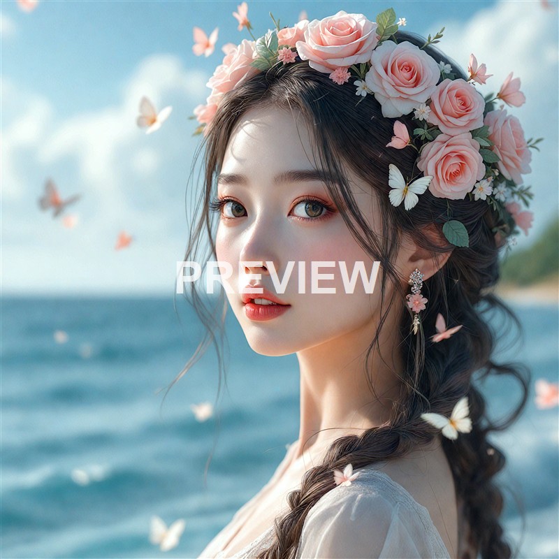 A young woman with long, dark hair styled in a braid, wearing a floral crown made of pink roses and small flowers, standing outdoors near a body of water with butterflies flying around her under a partly cloudy sky.
